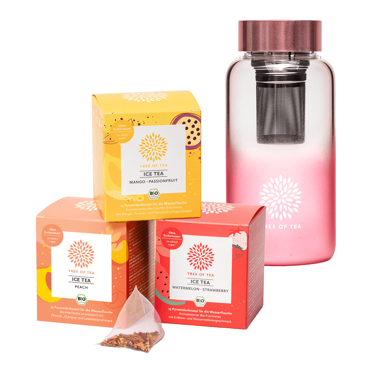 Tree of Tea Ice Tea Starter Set bestehend aus Ice Tea Mango Passionfruit, Ice Tea Peach, Ice Tea Watermelon Strawberry und der Tree of Tea Ice Tea Bottle in rosa.