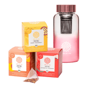Tree of Tea Ice Tea Starter Set bestehend aus Ice Tea Mango Passionfruit, Ice Tea Peach, Ice Tea Watermelon Strawberry und der Tree of Tea Ice Tea Bottle in rosa.