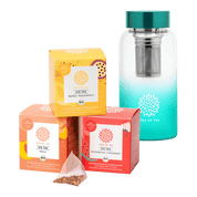 Tree of Tea Ice Tea Starter Set bestehend aus Ice Tea Mango Passionfruit, Ice Tea Peach, Ice Tea Watermelon Strawberry und der Tree of Tea Ice Tea Bottle in türkis.