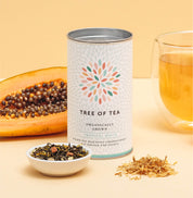 Tree of Tea Tropical White Weißer Tee mit Papaya und Orange daneben