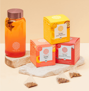 Tree of Tea Ice Tea Starter Set mit Mango Passionfruit, Peach, Watermelon Strawberry und rosa Ice Tea Bottle auf einer Steinplatte vor minimalistischem Hintergrund.