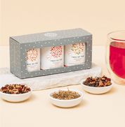 Tree of Tea 3er Mini Früchtetee Set und Tee in Schalen daneben