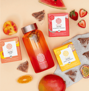 Tree of Tea Ice Tea Starter Set mit einer aufgefüllten Ice Tea bottle in Rosa. Drumherum liegen die enthaltenen Ice Tea Sorten mit frisch aufgeschnittenen Erdbeeren, Wassermelone, Pfirsich, Mango und Passionsfrucht.