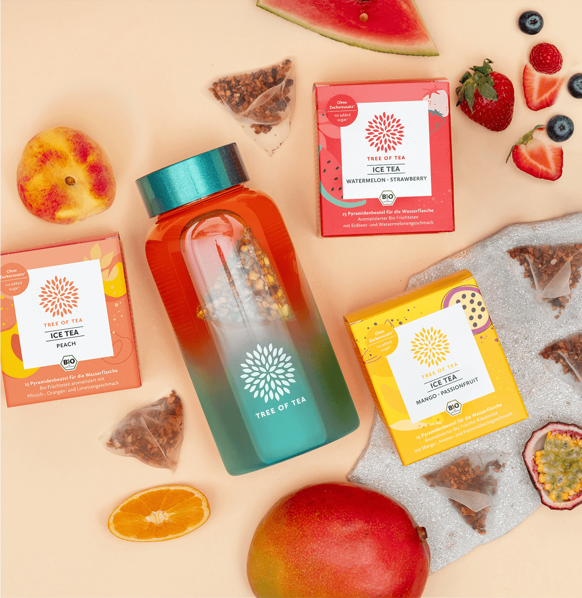 Tree of Tea Ice Tea Starter Set mit einer aufgefüllten Ice Tea bottle in Türkis. Drumherum liegen die enthaltenen Ice Tea Sorten mit frisch aufgeschnittenen Erdbeeren, Wassermelone, Pfirsich, Mango und Passionsfrucht.