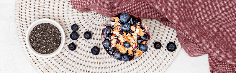 Chia Pudding mit Blaubeeren in einer Schale mit Chia Samen daneben