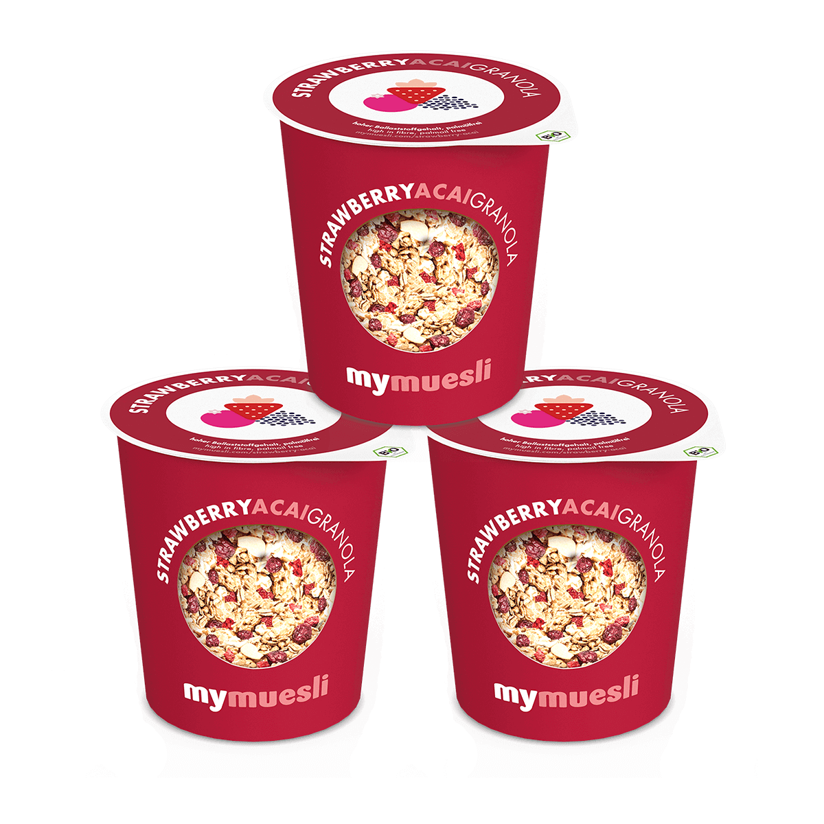 Drei pyramidenförmig aufgestapelte dunkelrote mymuesli Portionsbecher mit einer Abbildung der Müsli-Mischung auf schwarzem Hintergrund.