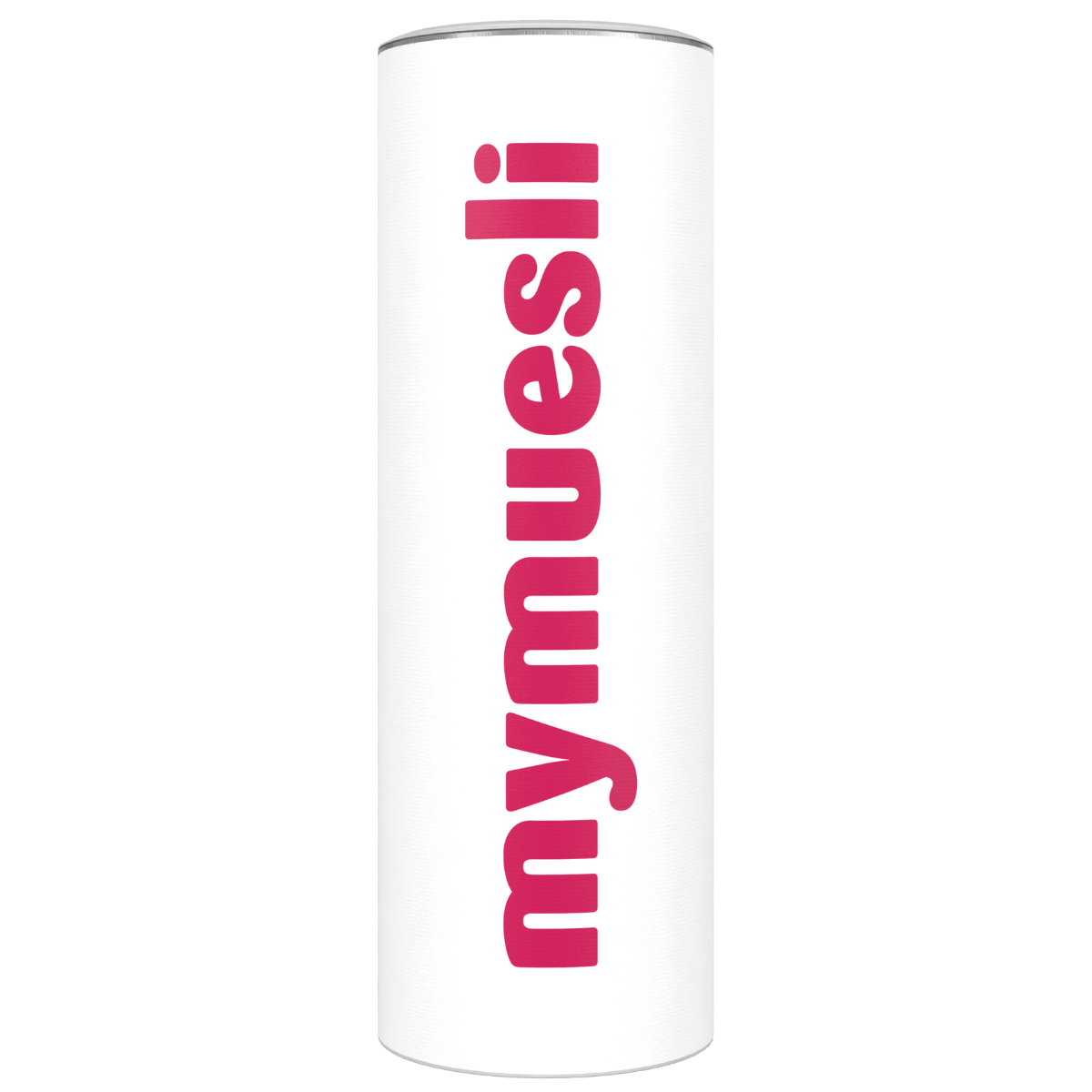 Eine minimalistische weiße mymuesli -Dose mit pinkfarbenem, vertikalem Logo auf einem dunkelgrünen Hintergrund.