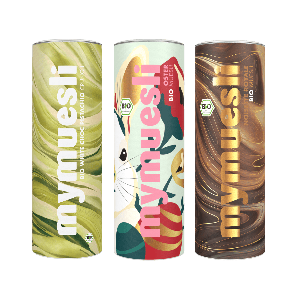 Abbildung der drei Dosen Oster Müsli, White Choc Pistachio, Noisette Royale