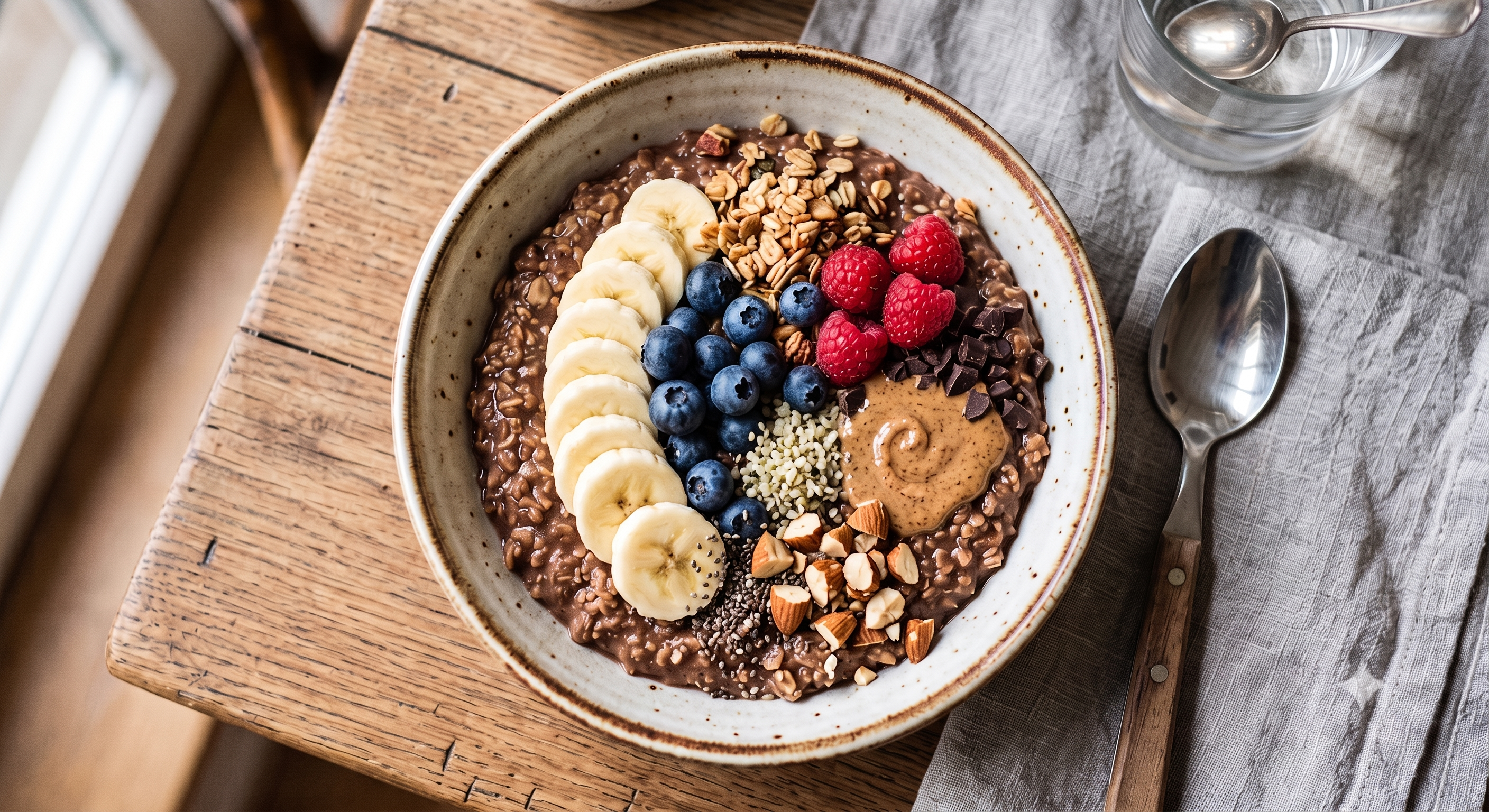 Protein Porridge in einer Schüssel mit Früchten und Nüssen als Draufsicht