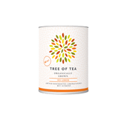Eine weiße Teedose der Marke „Tree of Tea“ der Sorte Roi Lemon mit einer bunten Baum-Grafik auf einem dunkelgrünen Hintergrund.