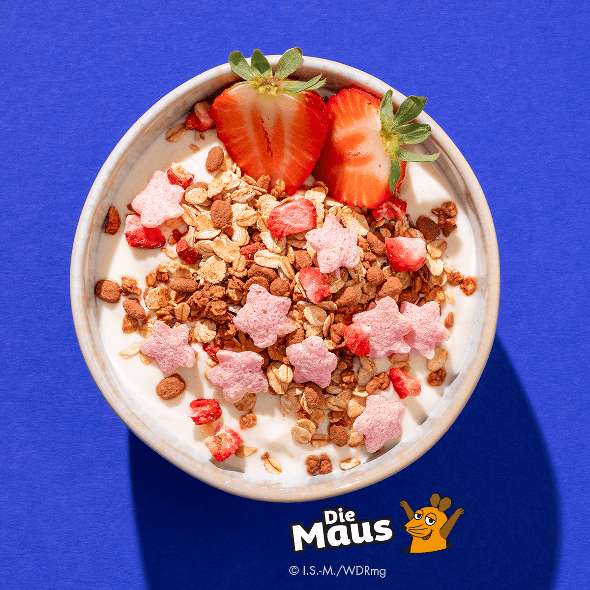 Mymuesli bio Superelefanten-Müsli in Schale mit frischen Erdbeeren und Joghurt von oben.