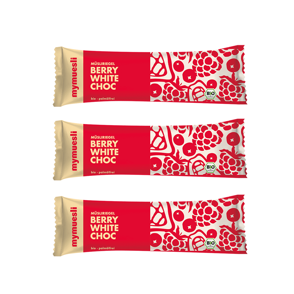 mymuesli Riegel Berry White Choc in der Einzelverpackung.
