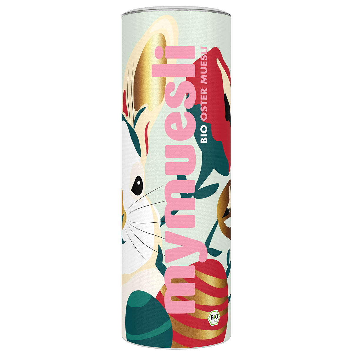 Eine mymuesli Oster-Edition Dose mit bunten Illustrationen von Hasen und Ostereiern vor schwarzem Hintergrund.