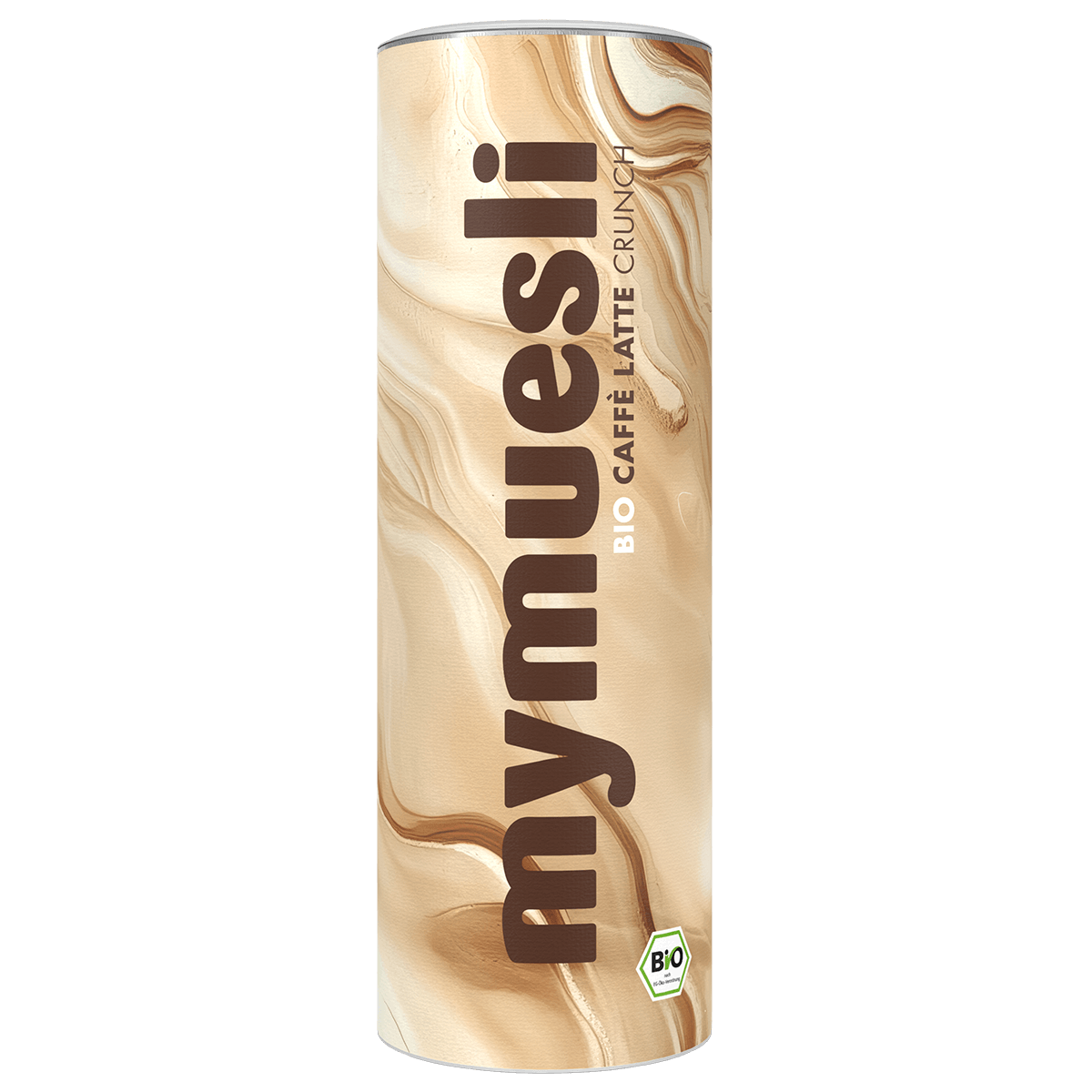 Eine beige-braun marmorierte mymuesli -Dose aufrecht stehend vor schwarzem Hintergrund.