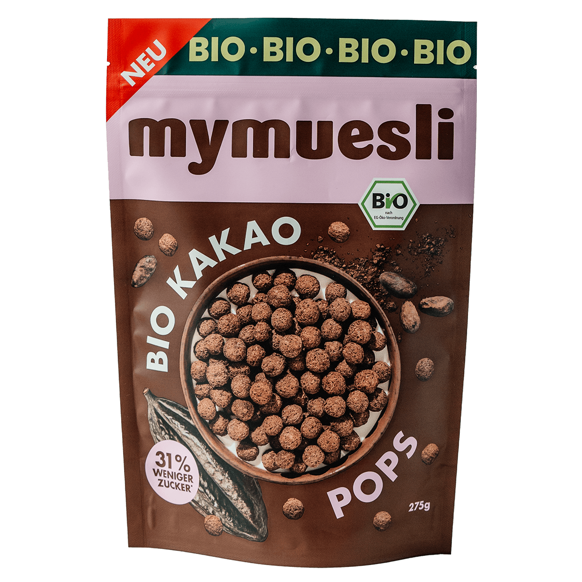 mymuesli Bio Kakao Pops - mit 31% weniger Zucker als vergleichbare Produkte