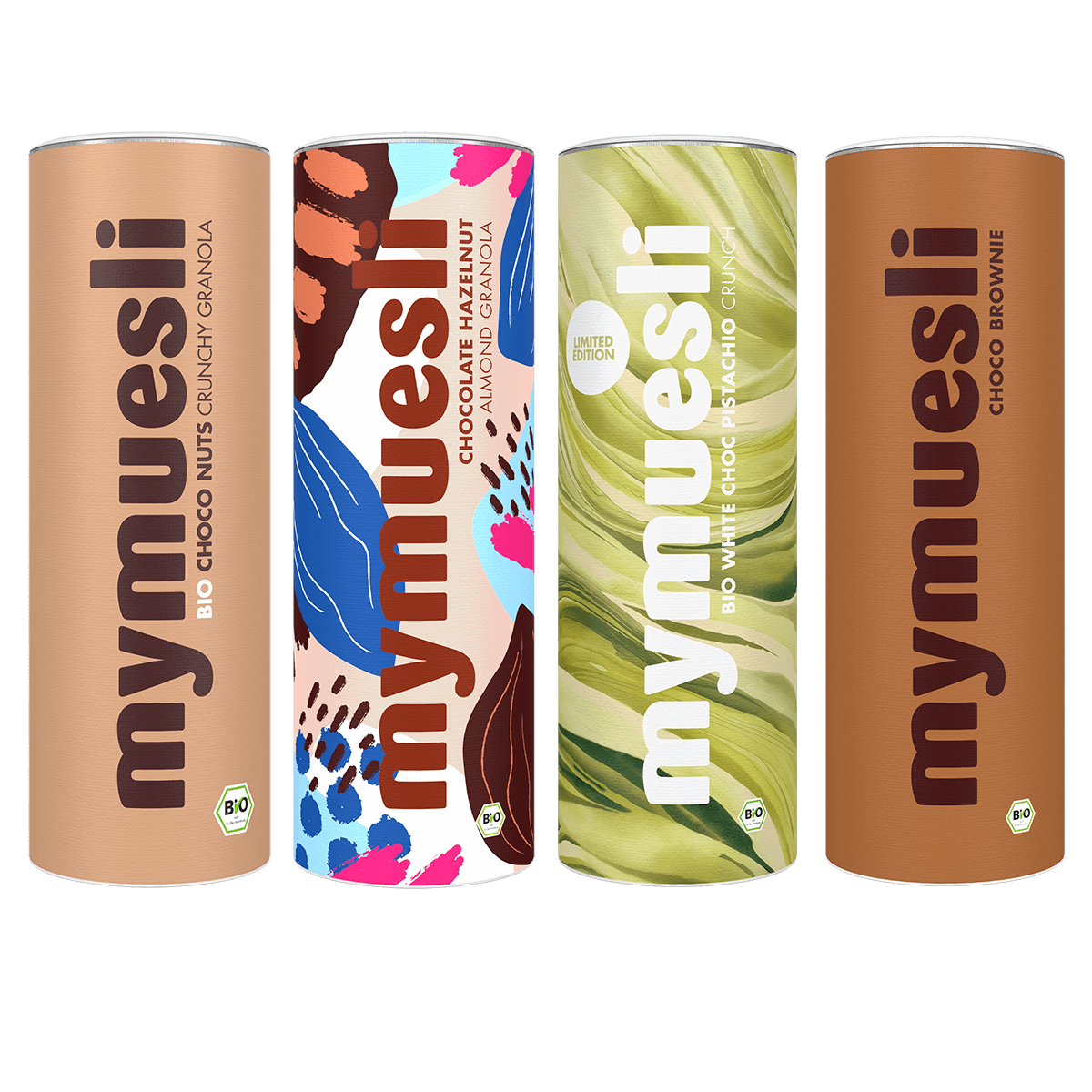 mymuesli Bio Choco Nuts Fan Paket mit 4 leckeren Bio Müslis: Choco Nuts Crunchy Granola, Chocolate Hazelnut Almond Granola, White Choc Pistachio Crunch und Choco Brownie Müsli