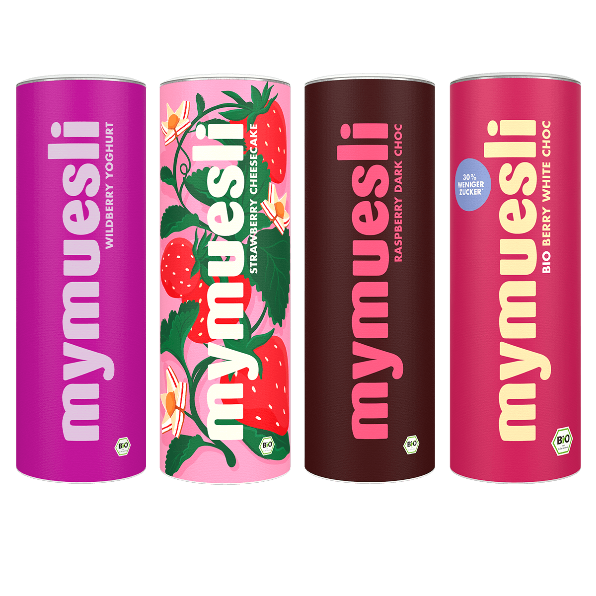 mymuesli Bio Frucht und Schoko Paket mit Wildberry Yoghurt Mpsli, Strawberry Cheesecake Müsli, Raspberry Dark Choc Müsli und Berry White Choc Müsli