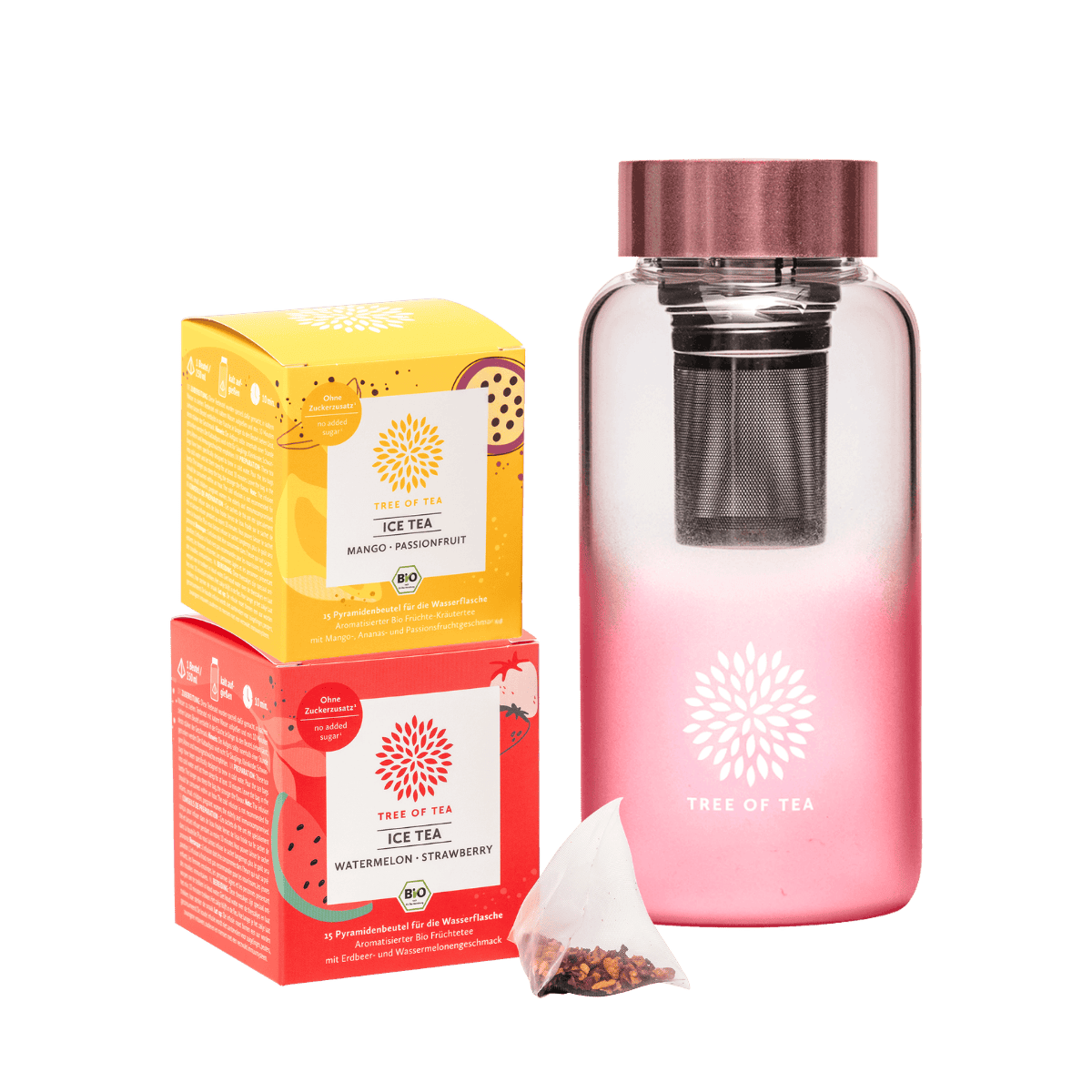 Tree of Tea Ice Tea Starter Set bestehend aus Ice Tea Mango Passionfruit, Ice Tea Watermelon Strawberry und der Tree of Tea Ice Tea Bottle in rosa.