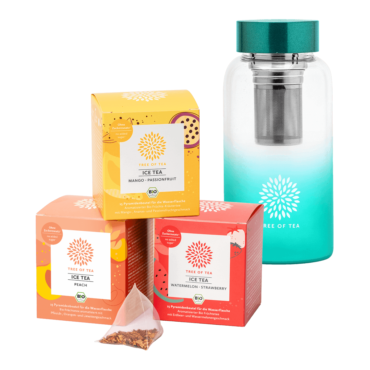 Tree of Tea Ice Tea Starter Set bestehend aus Ice Tea Mango Passionfruit, Ice Tea Peach, Ice Tea Watermelon Strawberry und der Tree of Tea Ice Tea Bottle in türkis.
