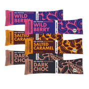 mymuesli Bio Protein Müsliriegel 6er Probierpaket mit 3 verschiedenen Geschamcksrichtungen: Wild Berry, Salted Caramel und Dark Choc