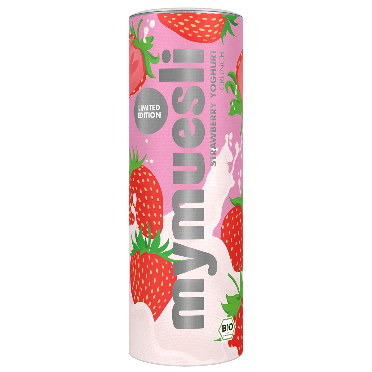 Eine weiße mymuesli -Dose mit großflächigen Erdbeer-Illustrationen und pinkfarbenem Deckel auf schwarzem Hintergrund.