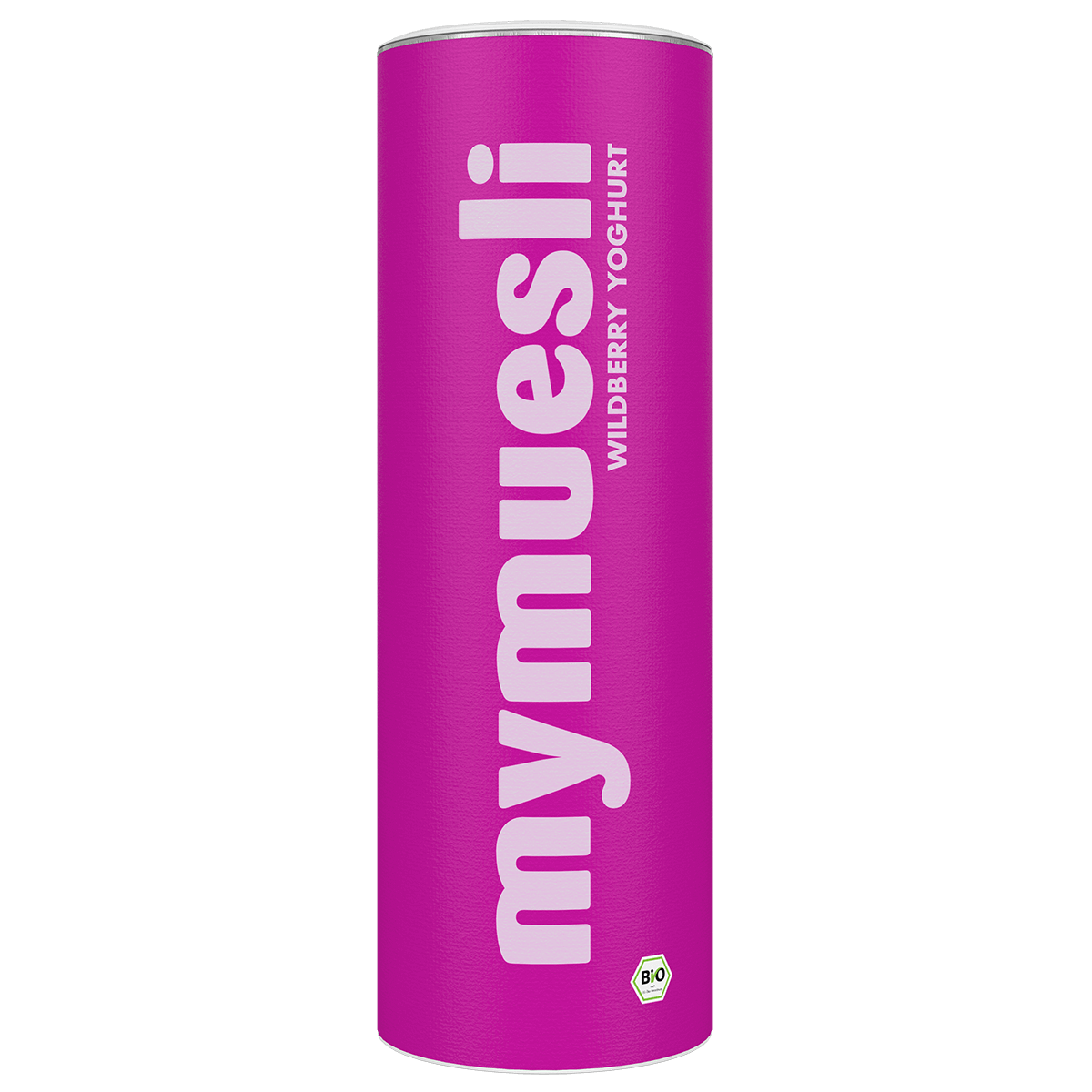 Eine kräftig pinkfarbene mymuesli -Dose der Sorte "Wildberry Yoghurt" mit weißem Logo-Schriftzug auf schwarzem Hintergrund.