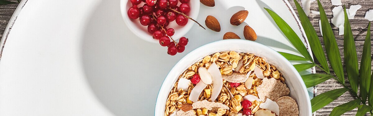 Bio-Granola mit Kokoschips, Mango und roten Johannisbeeren